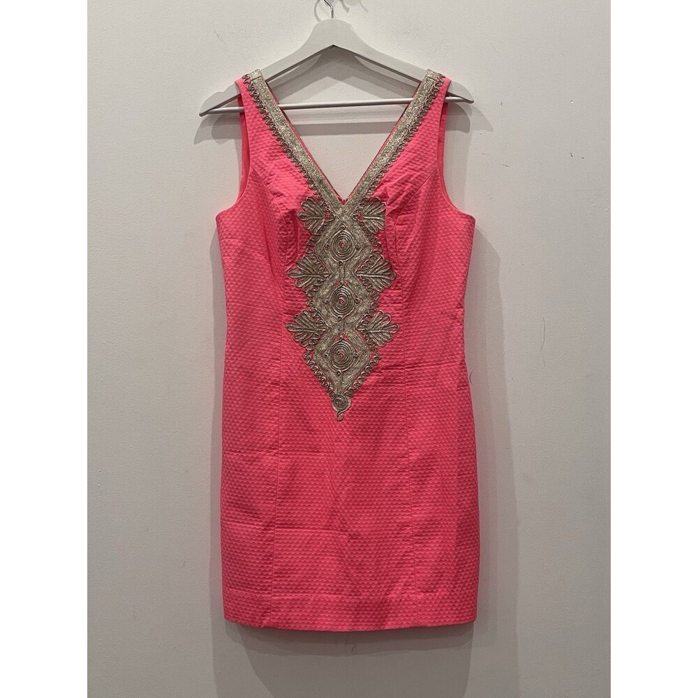 LILLY PULITZER Junie Shift Dress Coral Reef Pink METALLIC Gold TRIM Sz 4 retro